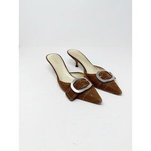 Prada Y2K Brown Suede Buckle Pointed Toe Kitten Heels Mules Slip On Size 39.5